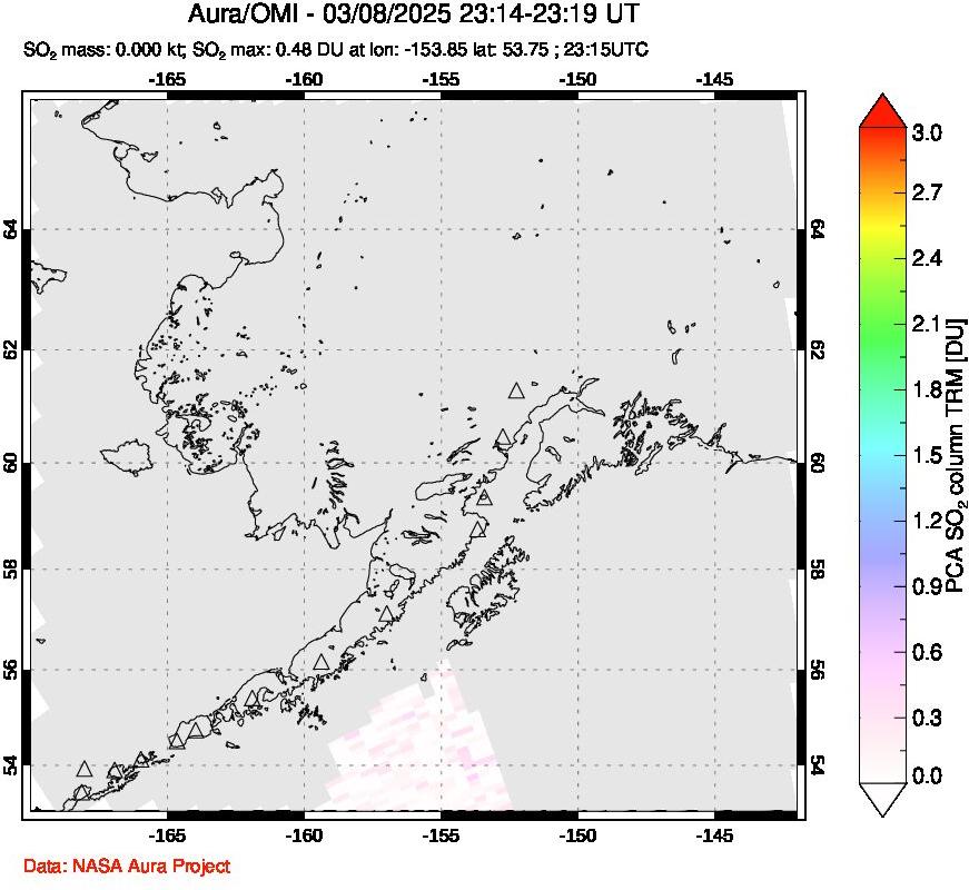 A sulfur dioxide image over Alaska, USA on Mar 08, 2025.