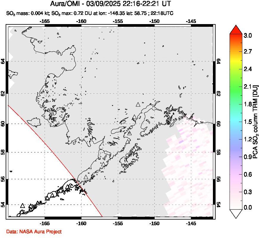 A sulfur dioxide image over Alaska, USA on Mar 09, 2025.