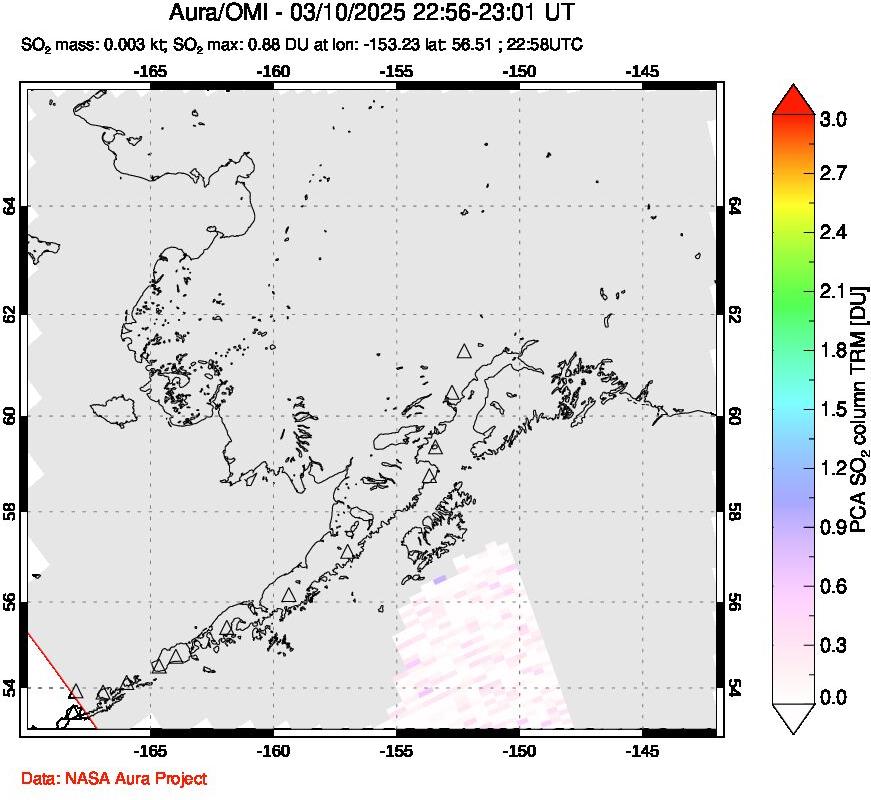 A sulfur dioxide image over Alaska, USA on Mar 10, 2025.