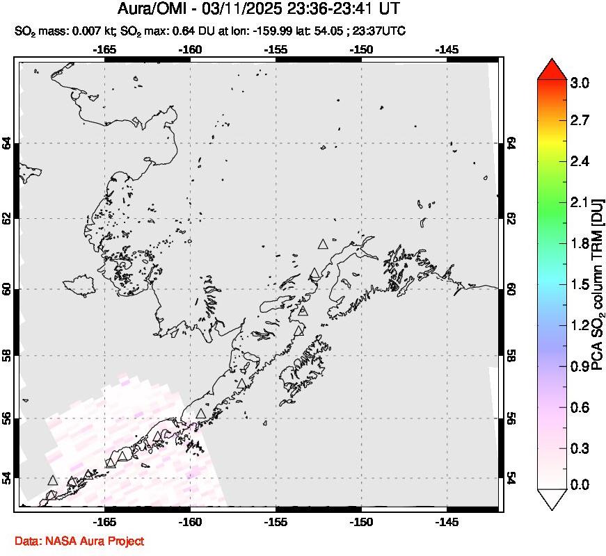 A sulfur dioxide image over Alaska, USA on Mar 11, 2025.