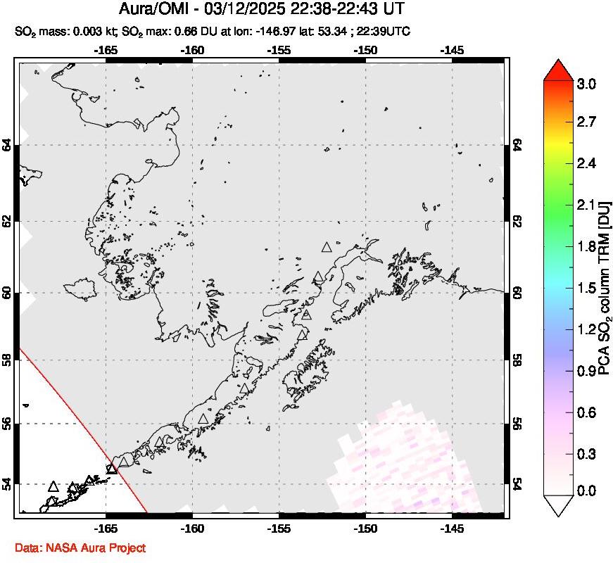 A sulfur dioxide image over Alaska, USA on Mar 12, 2025.