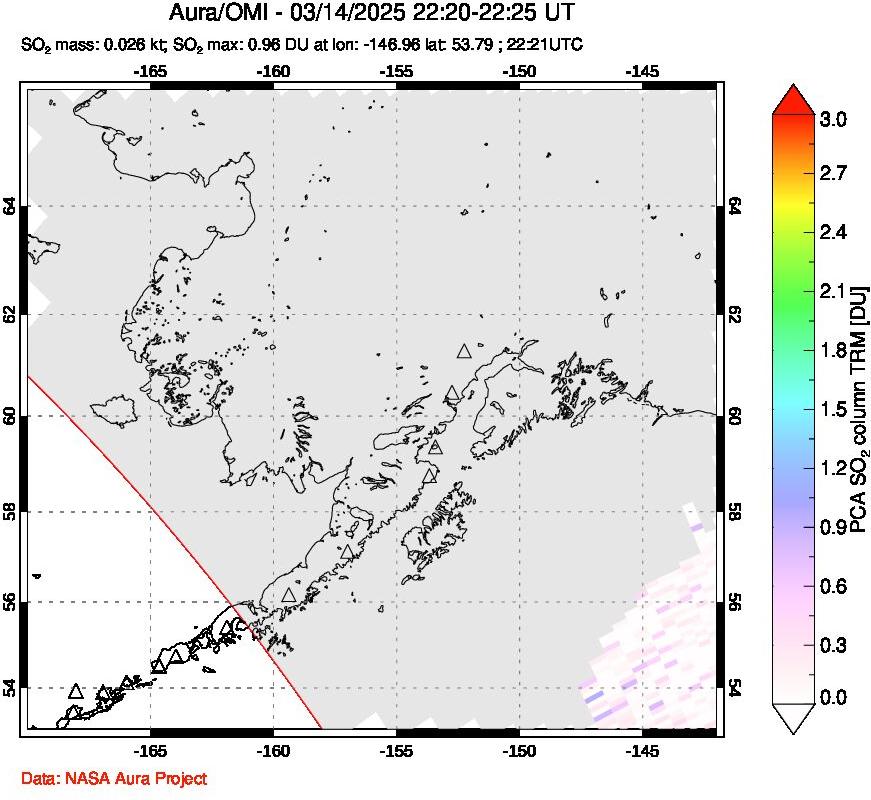 A sulfur dioxide image over Alaska, USA on Mar 14, 2025.