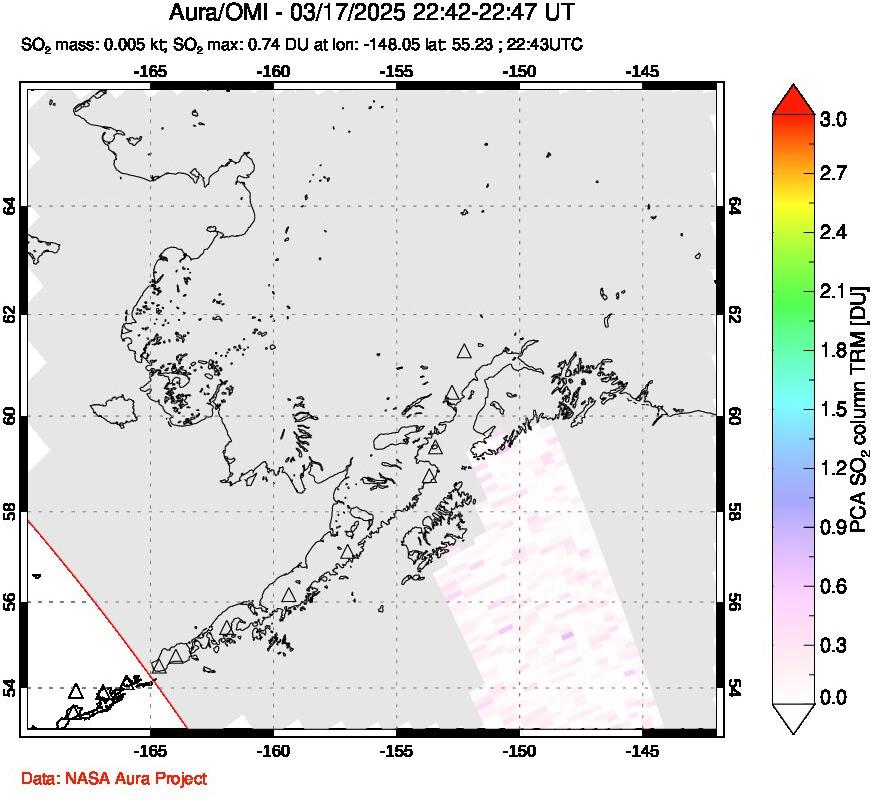 A sulfur dioxide image over Alaska, USA on Mar 17, 2025.