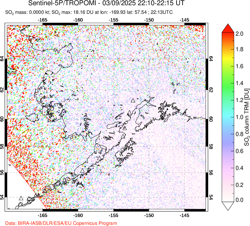 A sulfur dioxide image over Alaska, USA on Mar 09, 2025.