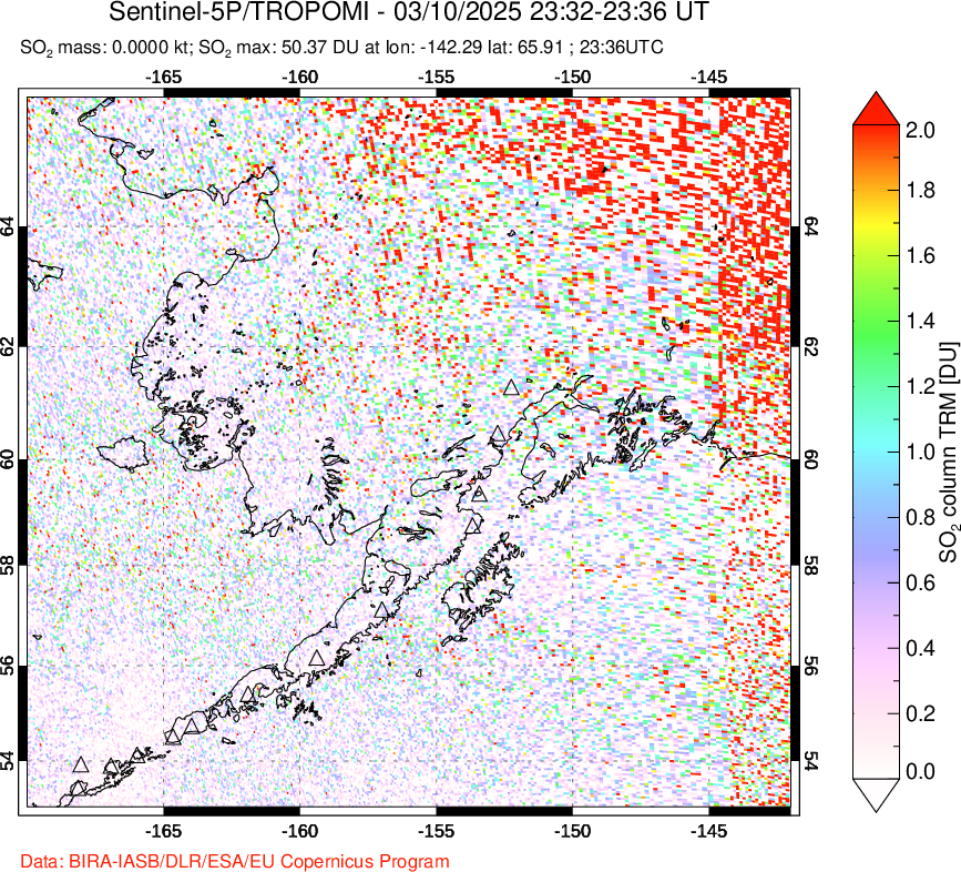 A sulfur dioxide image over Alaska, USA on Mar 10, 2025.