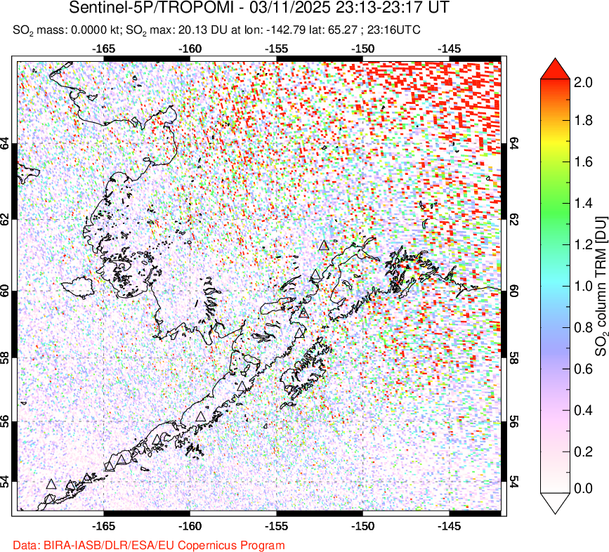 A sulfur dioxide image over Alaska, USA on Mar 11, 2025.