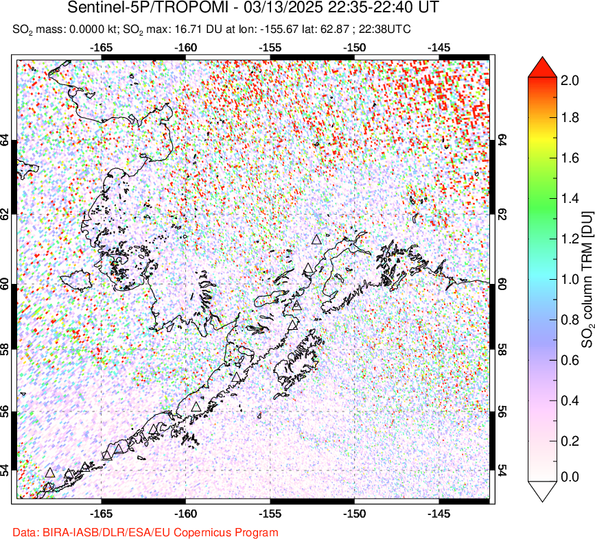 A sulfur dioxide image over Alaska, USA on Mar 13, 2025.