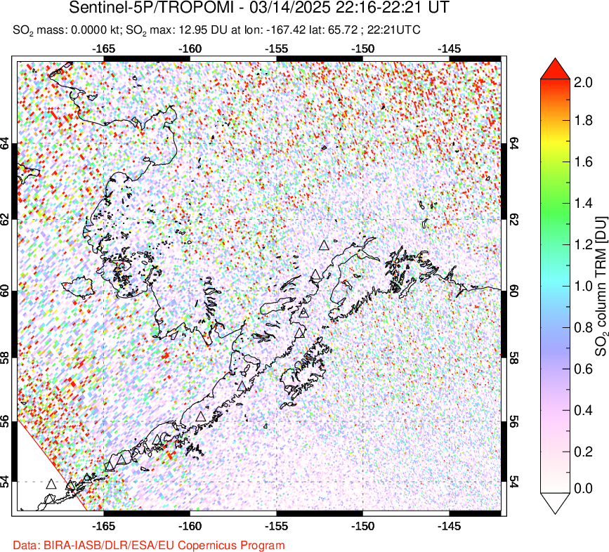 A sulfur dioxide image over Alaska, USA on Mar 14, 2025.