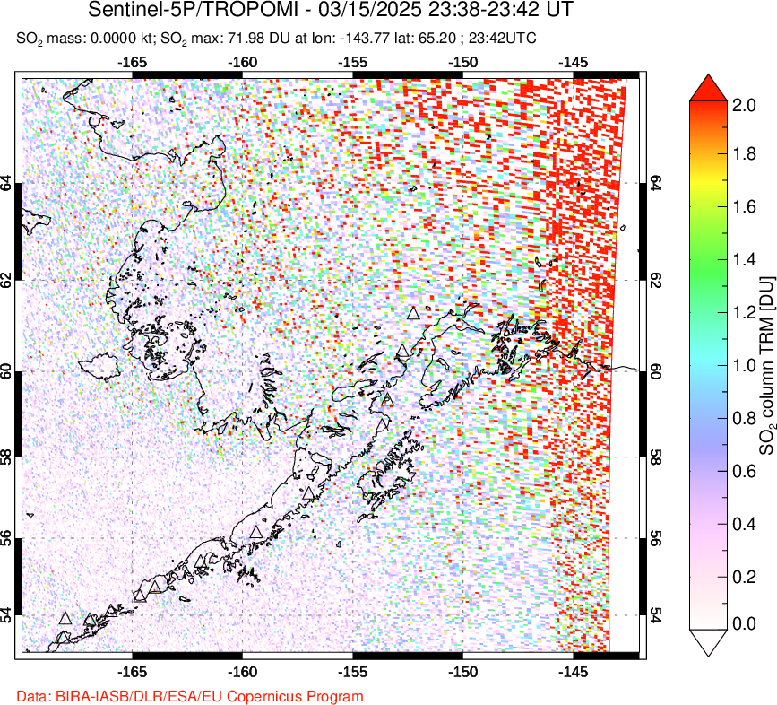 A sulfur dioxide image over Alaska, USA on Mar 15, 2025.