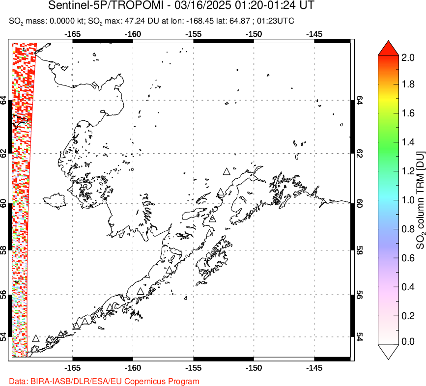 A sulfur dioxide image over Alaska, USA on Mar 16, 2025.