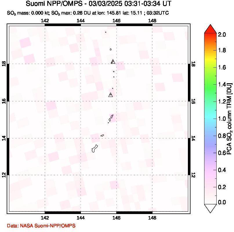 A sulfur dioxide image over Anatahan, Mariana Islands on Mar 03, 2025.