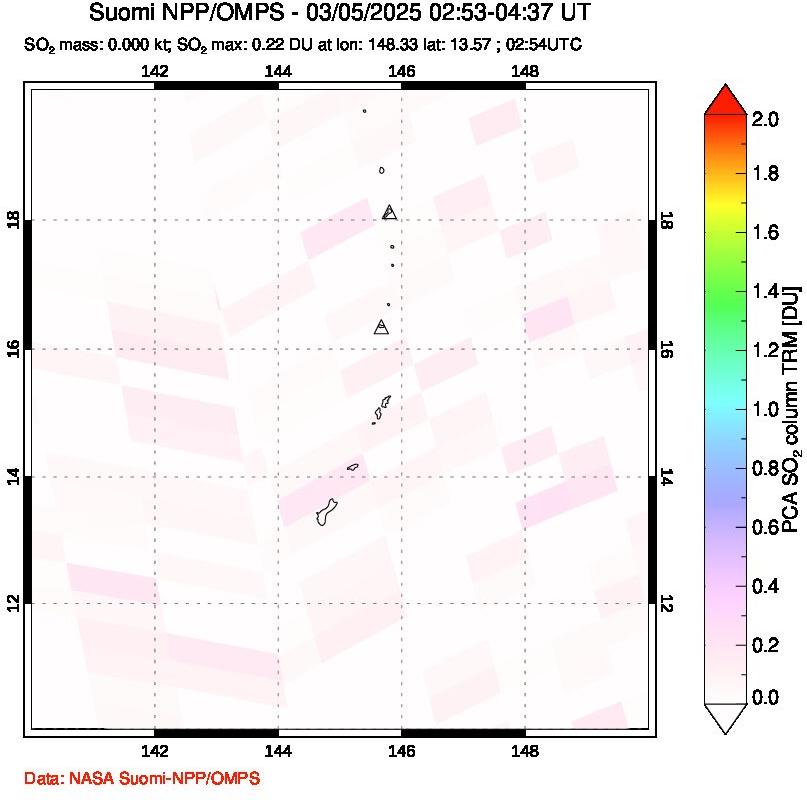 A sulfur dioxide image over Anatahan, Mariana Islands on Mar 05, 2025.