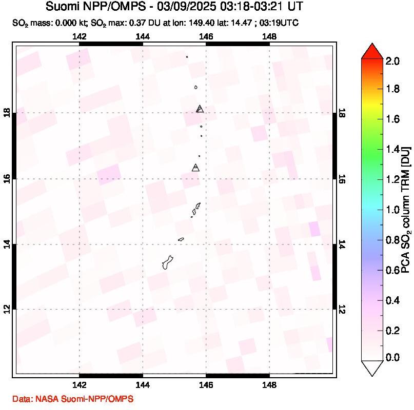 A sulfur dioxide image over Anatahan, Mariana Islands on Mar 09, 2025.