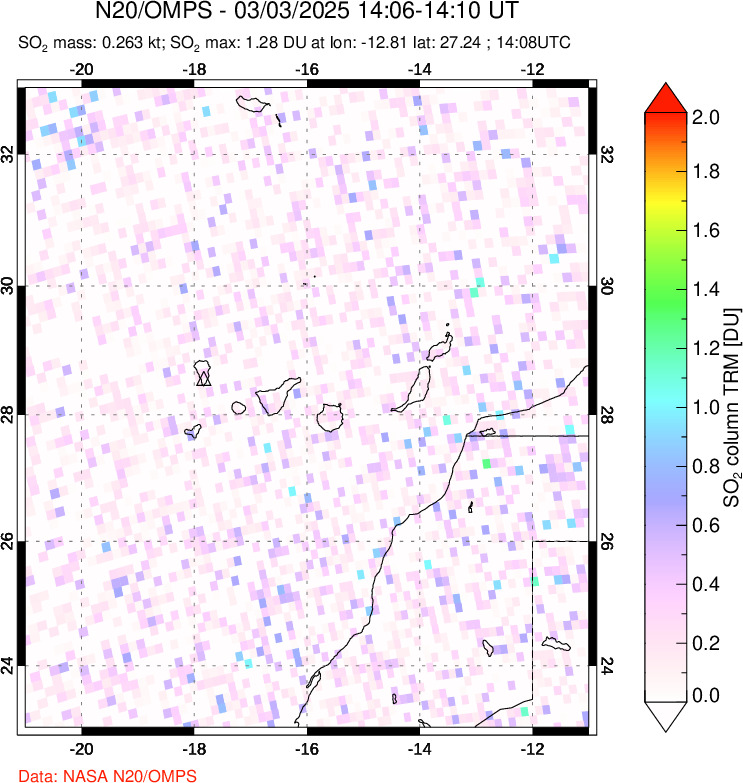 A sulfur dioxide image over Canary Islands on Mar 03, 2025.