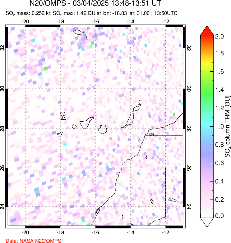 A sulfur dioxide image over Canary Islands on Mar 04, 2025.