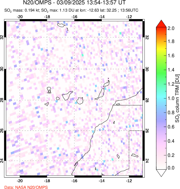 A sulfur dioxide image over Canary Islands on Mar 09, 2025.