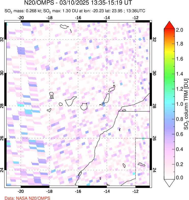 A sulfur dioxide image over Canary Islands on Mar 10, 2025.