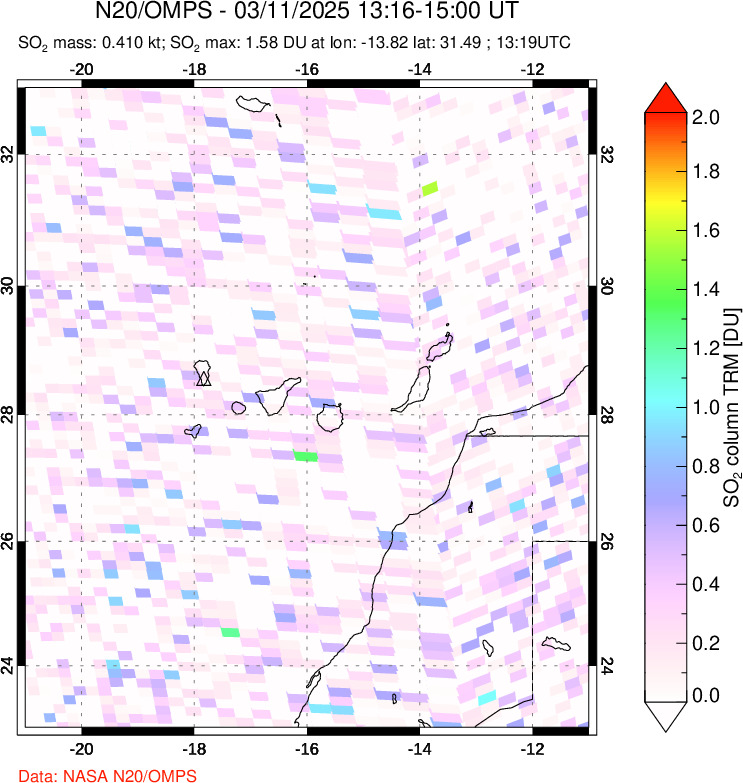 A sulfur dioxide image over Canary Islands on Mar 11, 2025.