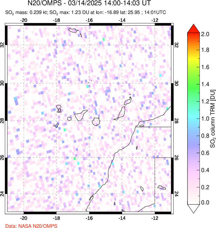 A sulfur dioxide image over Canary Islands on Mar 14, 2025.