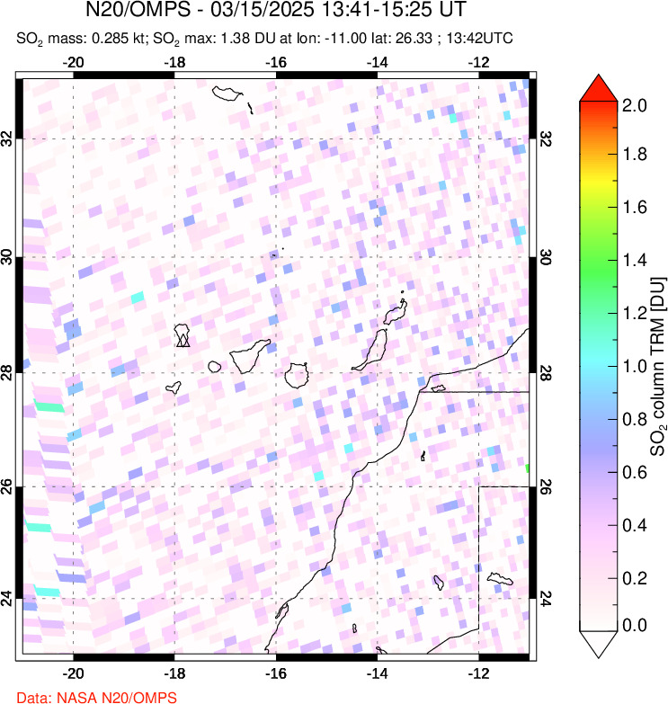 A sulfur dioxide image over Canary Islands on Mar 15, 2025.