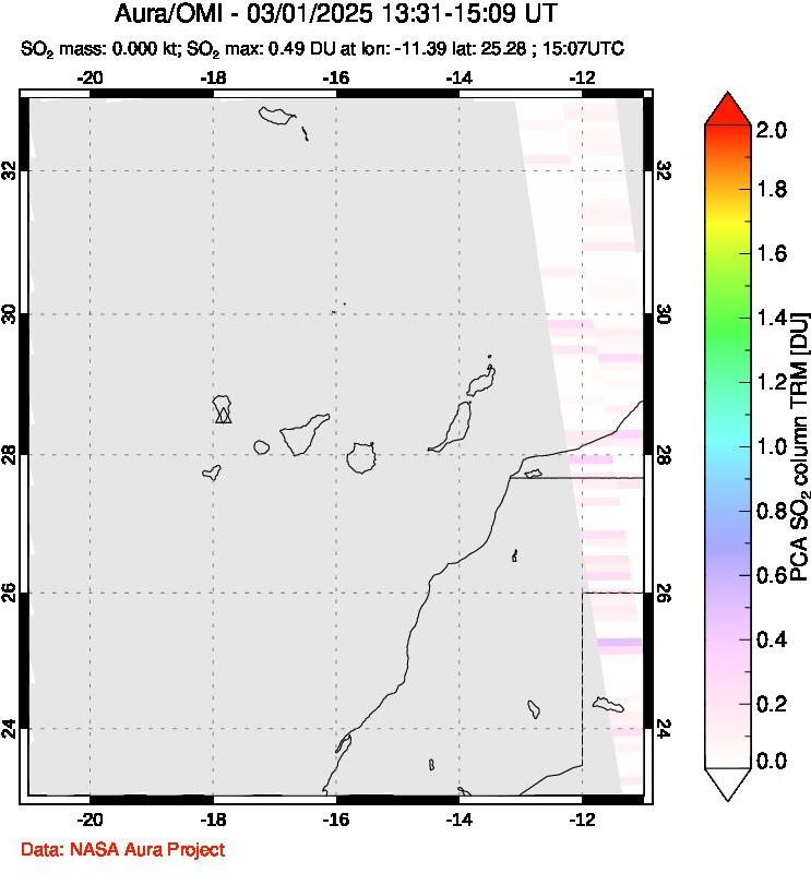 A sulfur dioxide image over Canary Islands on Mar 01, 2025.