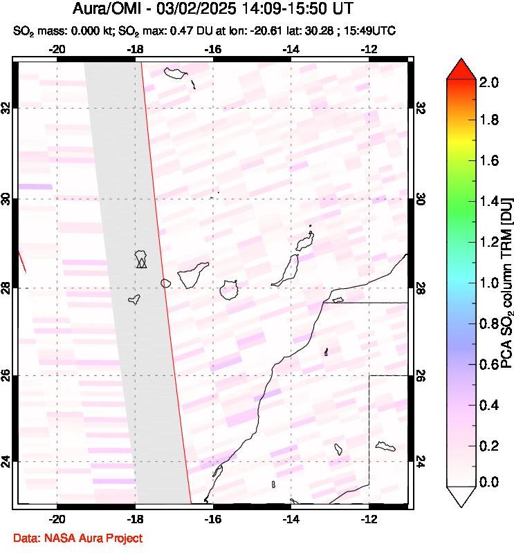 A sulfur dioxide image over Canary Islands on Mar 02, 2025.