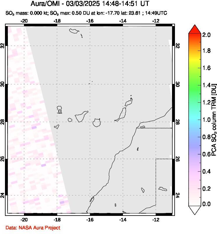 A sulfur dioxide image over Canary Islands on Mar 03, 2025.