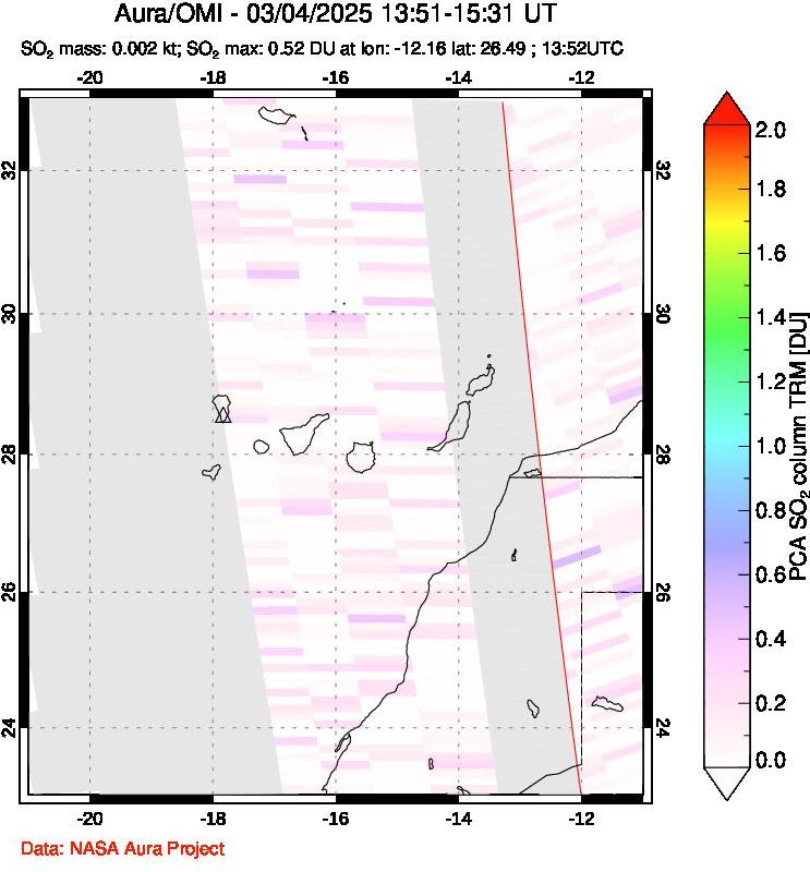 A sulfur dioxide image over Canary Islands on Mar 04, 2025.