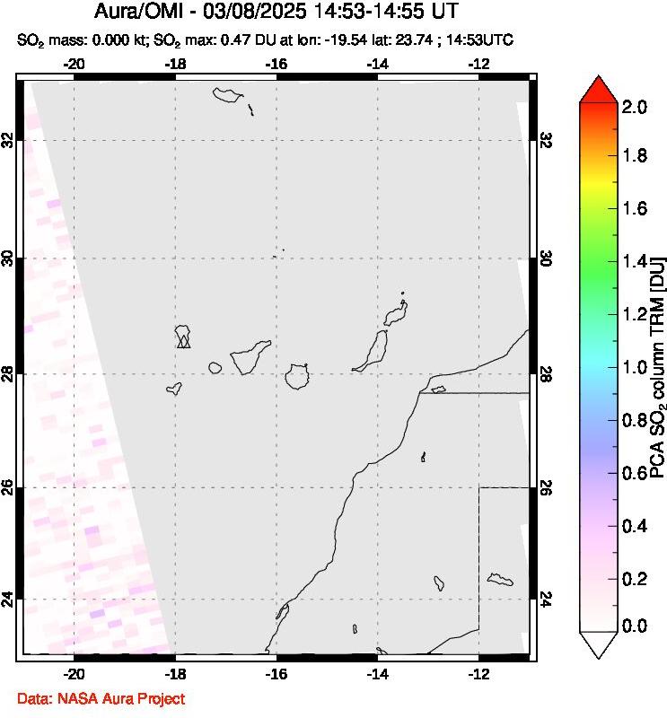 A sulfur dioxide image over Canary Islands on Mar 08, 2025.