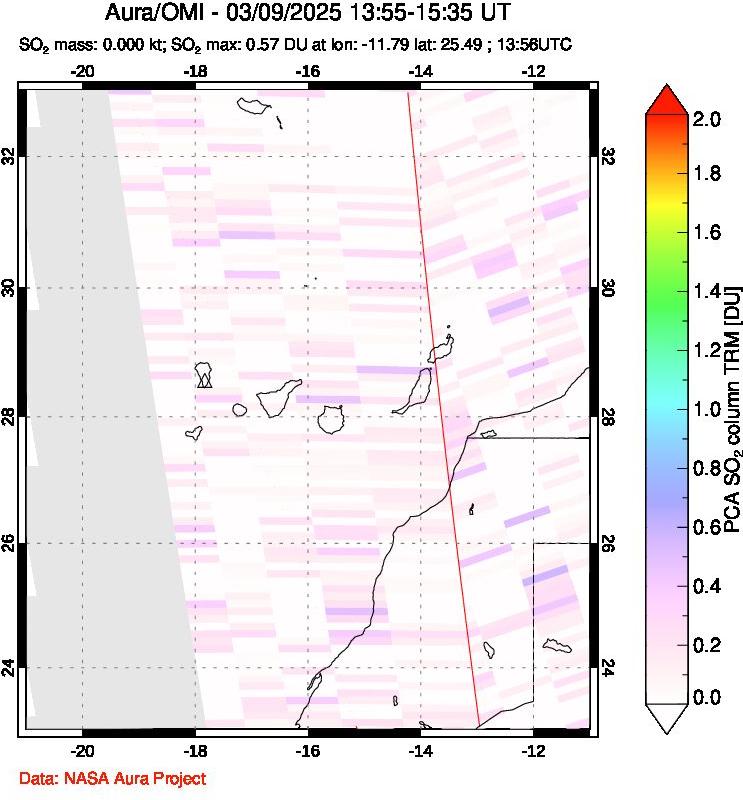 A sulfur dioxide image over Canary Islands on Mar 09, 2025.