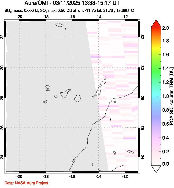 A sulfur dioxide image over Canary Islands on Mar 11, 2025.