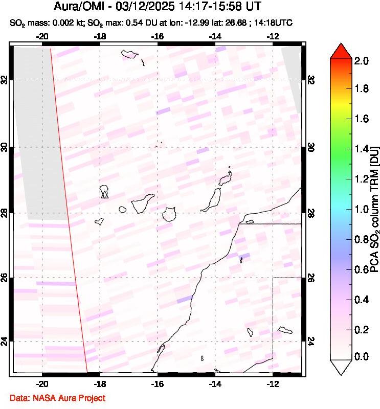 A sulfur dioxide image over Canary Islands on Mar 12, 2025.