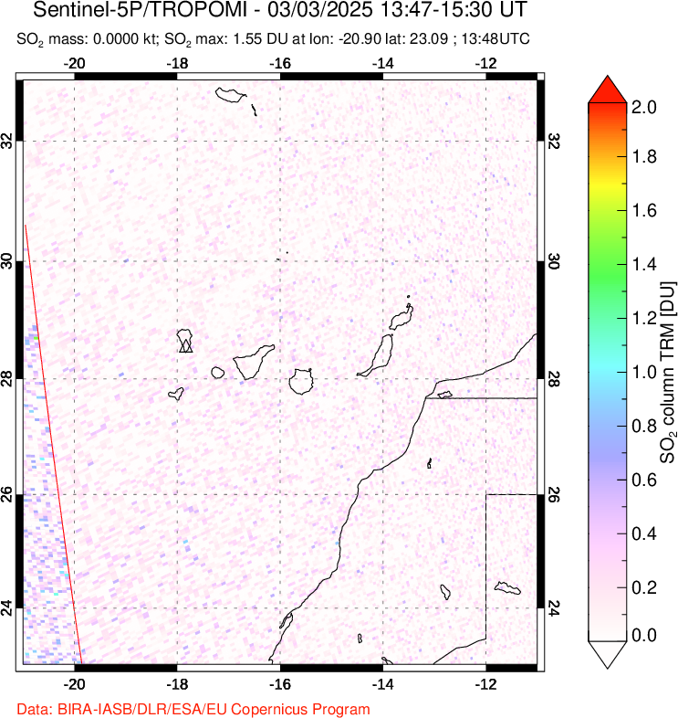 A sulfur dioxide image over Canary Islands on Mar 03, 2025.