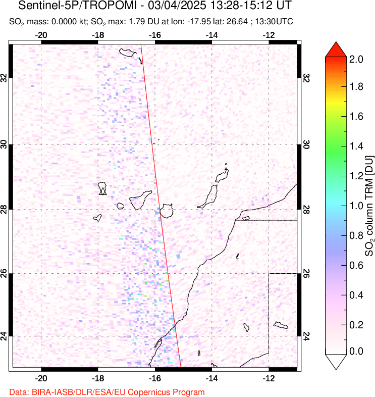 A sulfur dioxide image over Canary Islands on Mar 04, 2025.