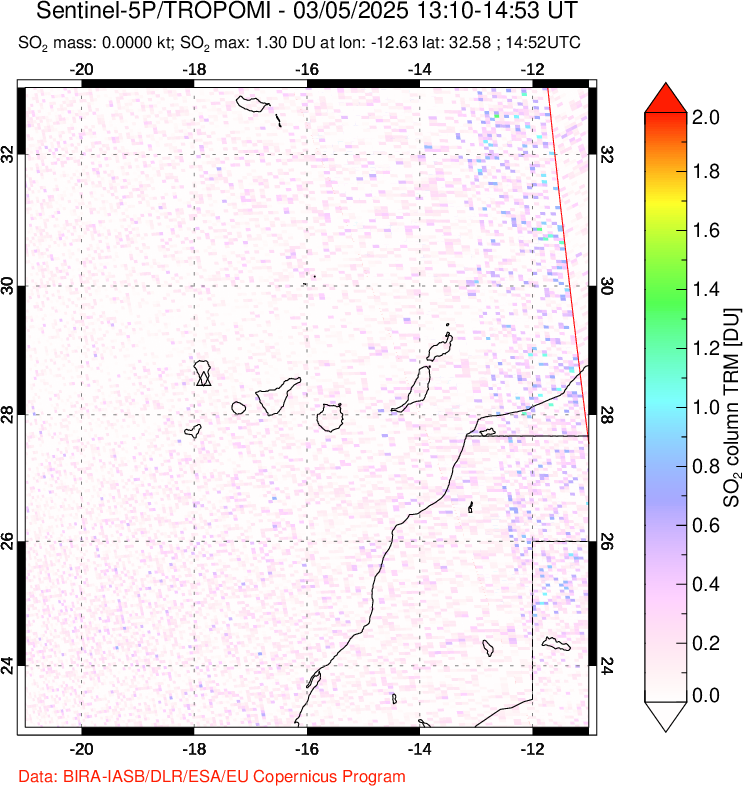 A sulfur dioxide image over Canary Islands on Mar 05, 2025.