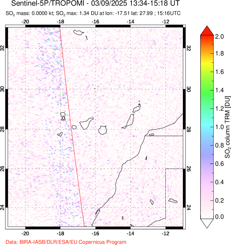 A sulfur dioxide image over Canary Islands on Mar 09, 2025.