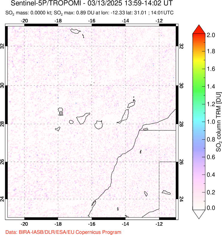 A sulfur dioxide image over Canary Islands on Mar 13, 2025.