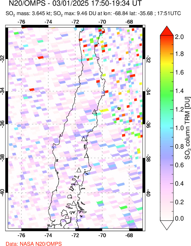 A sulfur dioxide image over Central Chile on Mar 01, 2025.