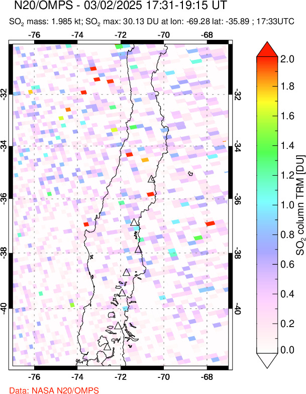 A sulfur dioxide image over Central Chile on Mar 02, 2025.