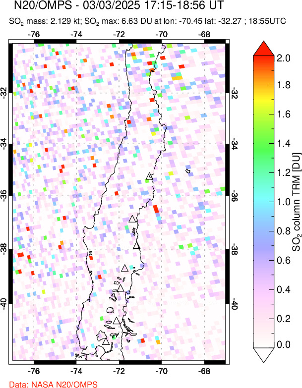 A sulfur dioxide image over Central Chile on Mar 03, 2025.