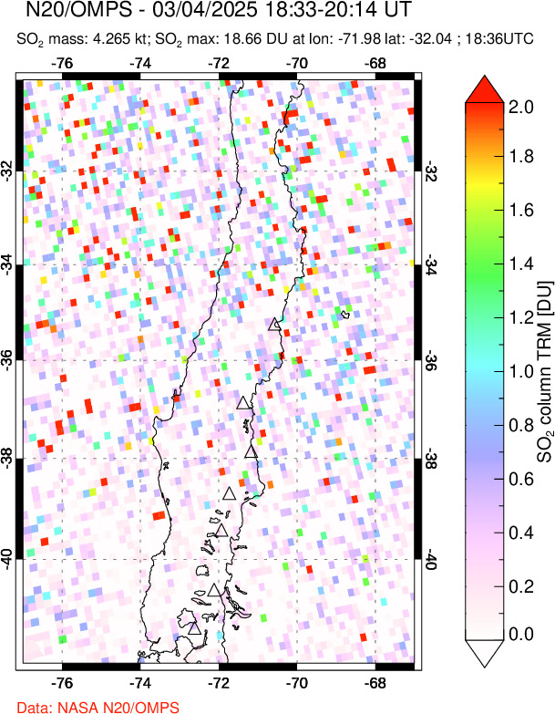 A sulfur dioxide image over Central Chile on Mar 04, 2025.