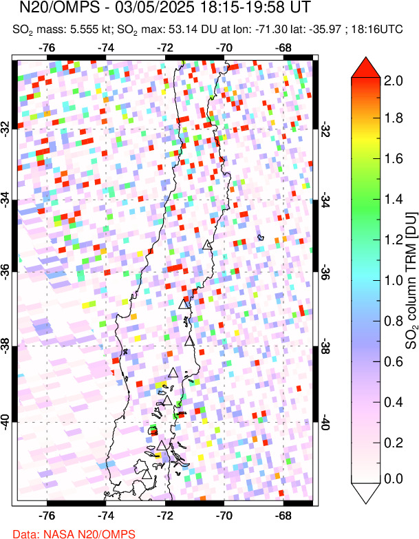 A sulfur dioxide image over Central Chile on Mar 05, 2025.