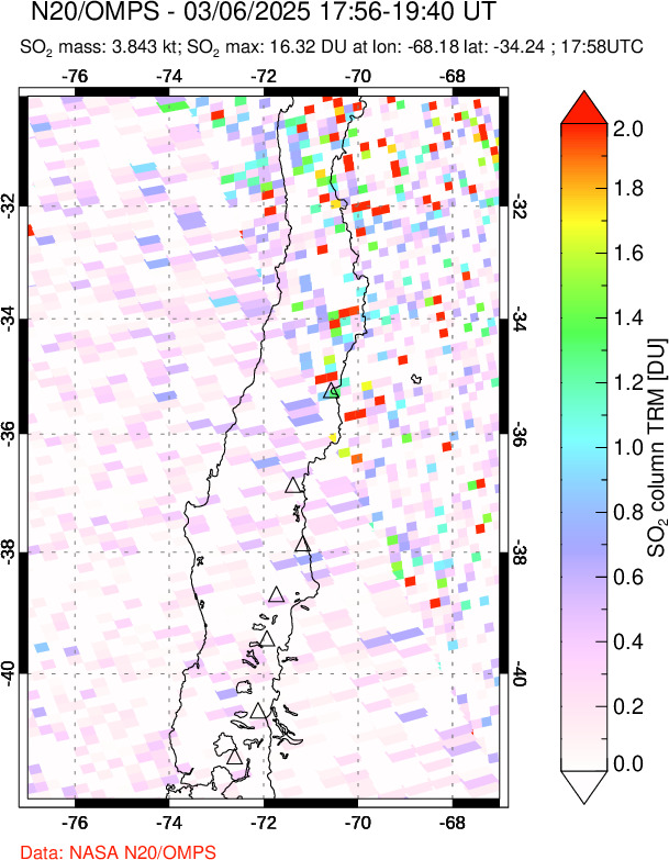 A sulfur dioxide image over Central Chile on Mar 06, 2025.