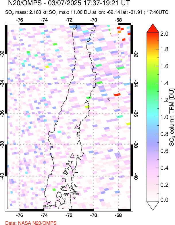 A sulfur dioxide image over Central Chile on Mar 07, 2025.