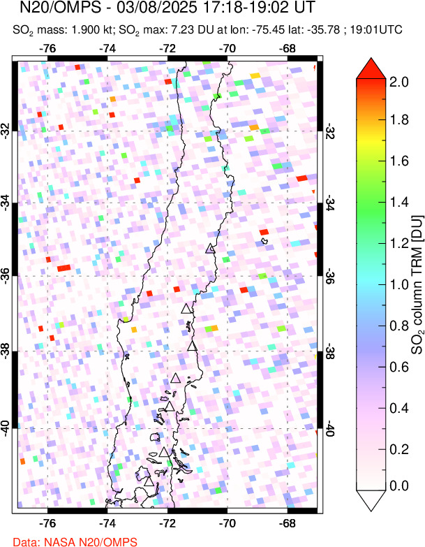 A sulfur dioxide image over Central Chile on Mar 08, 2025.