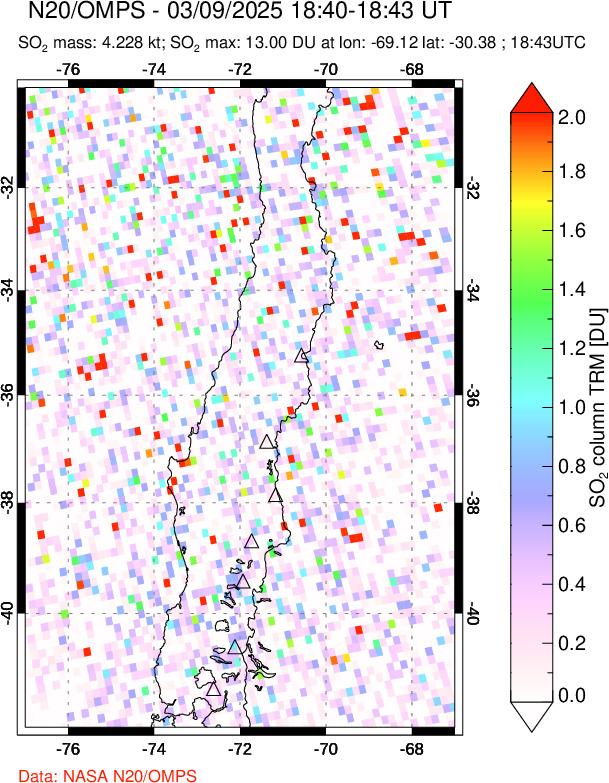 A sulfur dioxide image over Central Chile on Mar 09, 2025.