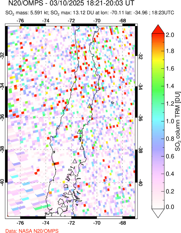 A sulfur dioxide image over Central Chile on Mar 10, 2025.