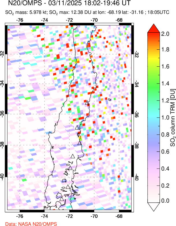 A sulfur dioxide image over Central Chile on Mar 11, 2025.