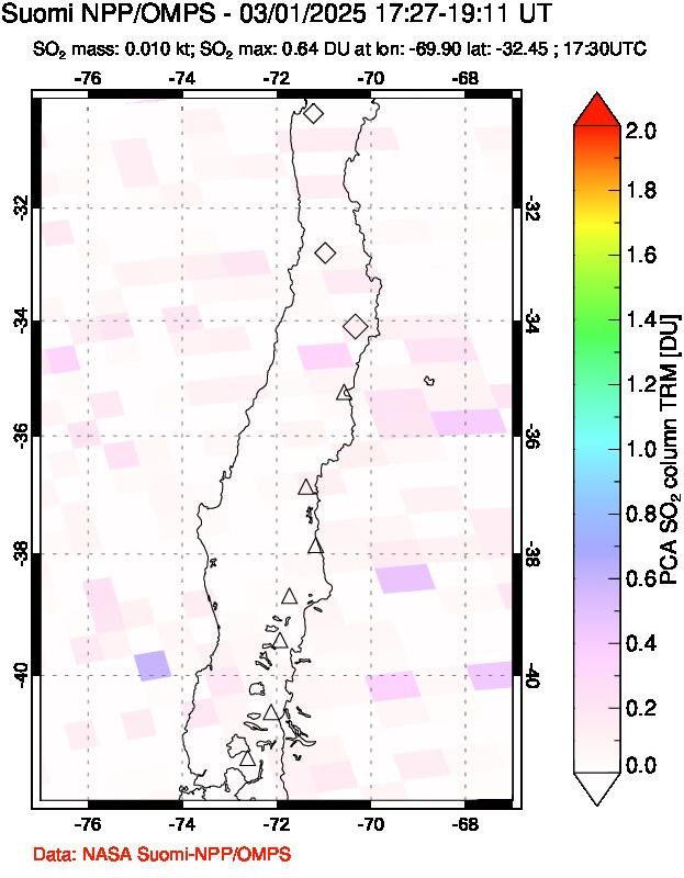 A sulfur dioxide image over Central Chile on Mar 01, 2025.