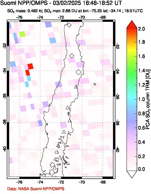 A sulfur dioxide image over Central Chile on Mar 02, 2025.